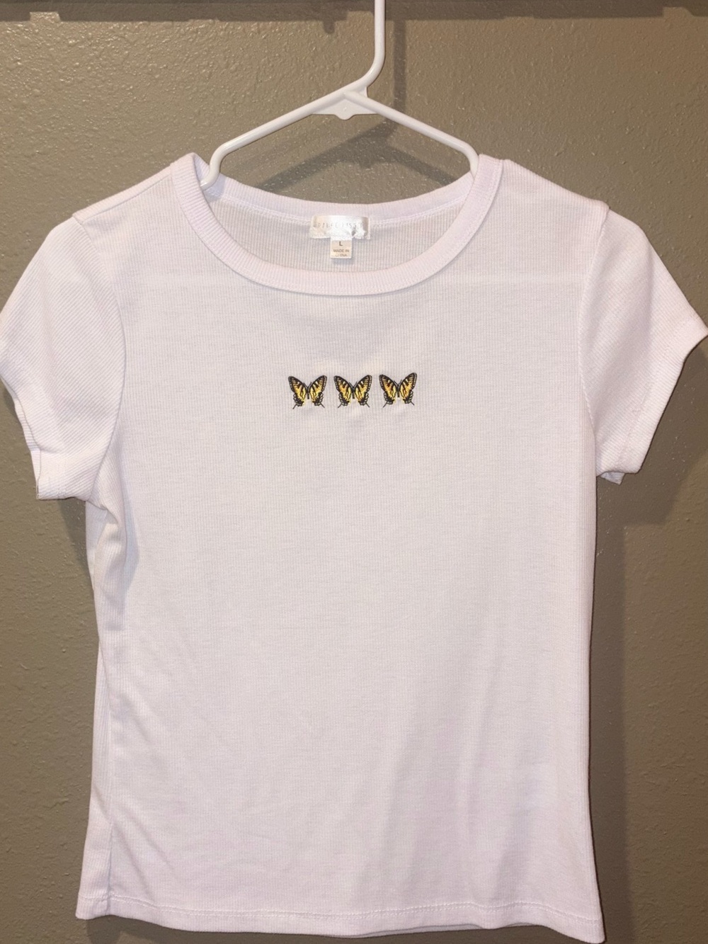 Girls' White Tee with Yellow Butterfly Embroidery